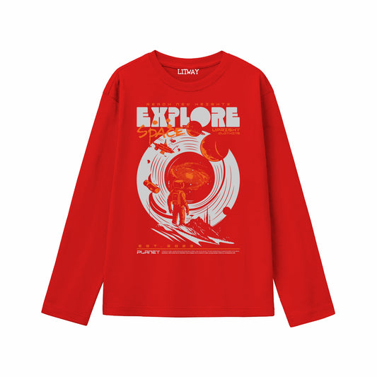 Boys Red Pure Cotton Full Sleeve Graphic T-Shirt – Explore Space Astronaut Print | Ages 5–16 Years
