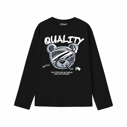 Boys Black Pure Cotton Full Sleeve Graphic T-Shirt | “QUALITY” Bear Battle Print Tee | Soft & Breathable Casual Wear (Ages 5–16 Years)