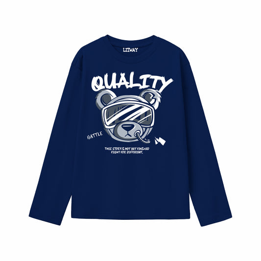 Boys Pure Cotton Full Sleeve Graphic T-Shirt | “Quality” Bear Print | Navy Blue | Soft & Breathable Fabric | Ages 5–16 Years
