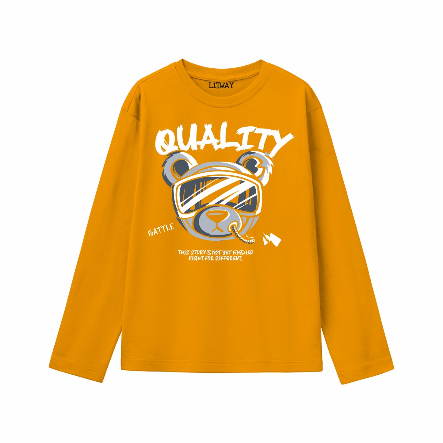 Boys Mustard Yellow Full Sleeve Pure Cotton T-Shirt with Bear Graphic Print | Kids Casual Wear (Age 5–16 Years)