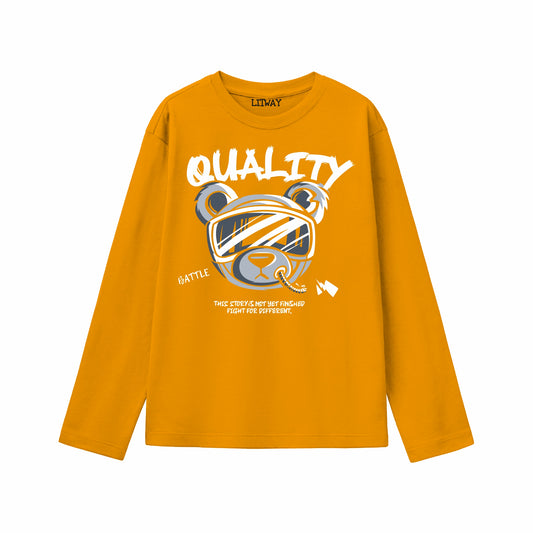 Boys Mustard Yellow Full Sleeve Pure Cotton T-Shirt with Bear Graphic Print | Kids Casual Wear (Age 5–16 Years)
