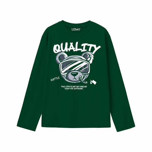 Boys Dark Green Pure Cotton Full Sleeve Graphic T-Shirt | “Quality” Bear Print Casual Tee | Soft Breathable Kids Wear (Ages 5–16 Years)