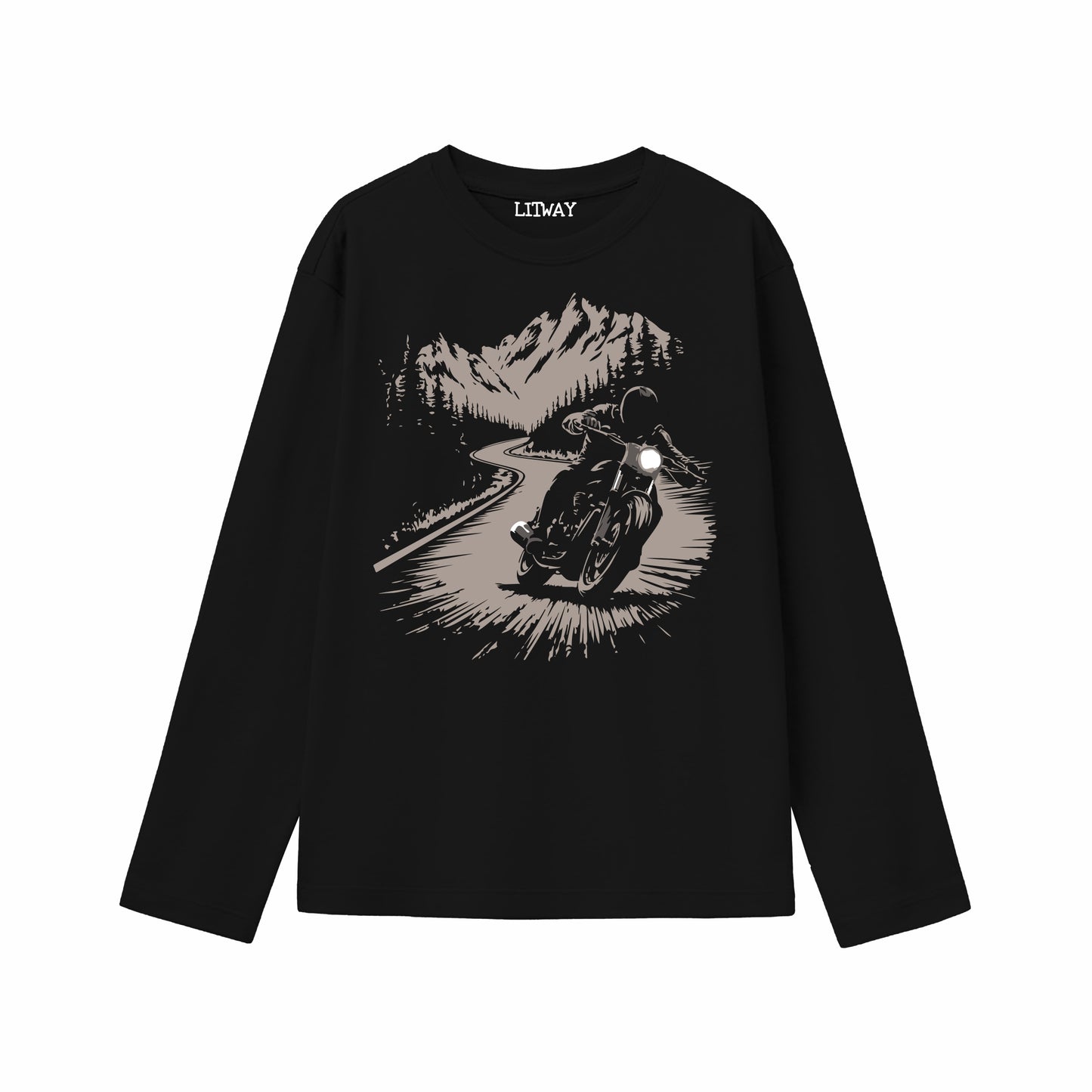 Boys Black Pure Cotton Full Sleeve Graphic T-Shirt | Adventure Bike Rider Mountain Print | Soft Breathable Fabric | Casual Wear for Kids (5–16 Years)