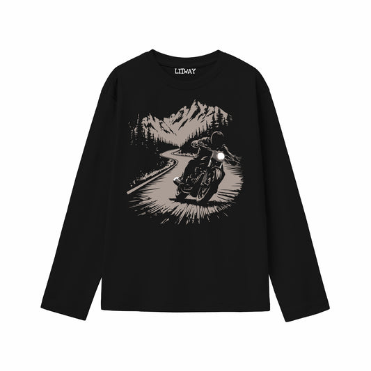 Boys Black Pure Cotton Full Sleeve Graphic T-Shirt | Adventure Bike Rider Mountain Print | Soft Breathable Fabric | Casual Wear for Kids (5–16 Years)