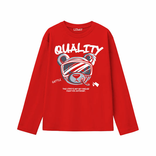 Boys Red Pure Cotton Full Sleeve Graphic T-Shirt – Quality Bear Print | Ages 5-16 Years