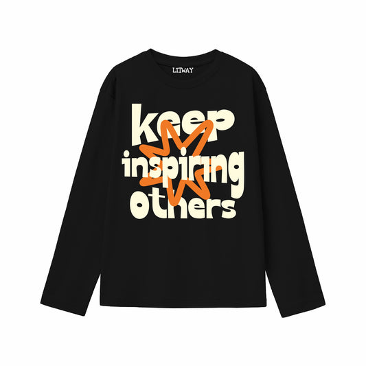 Boys Black Pure Cotton Full Sleeve Graphic T-Shirt | “Keep Inspiring Others” Motivational Print Tee | Soft & Comfortable Casual Wear (Ages 5–16 Years)