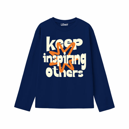 Boys Pure Cotton Full Sleeve Printed T-Shirt | “Keep Inspiring Others” Typography Print | Navy Blue | Soft & Breathable | Ages 5–16 Years