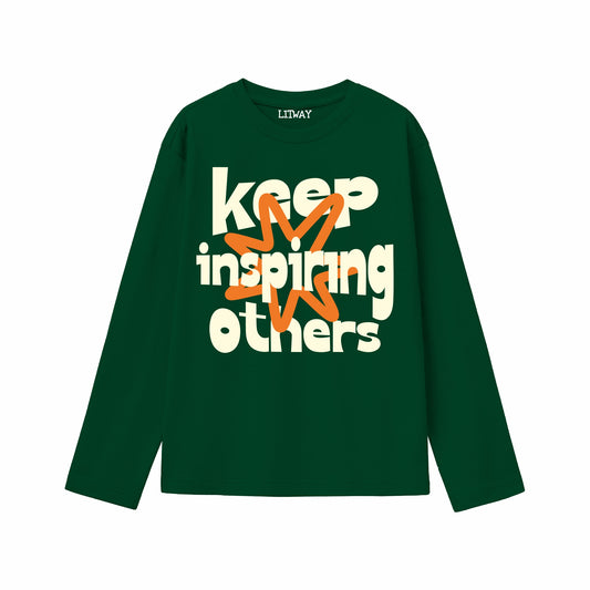 Boys Dark Green Pure Cotton Full Sleeve Graphic T-Shirt | “Keep Inspiring Others” Printed Tee | Soft Breathable Casual Wear (Ages 5–16 Years)
