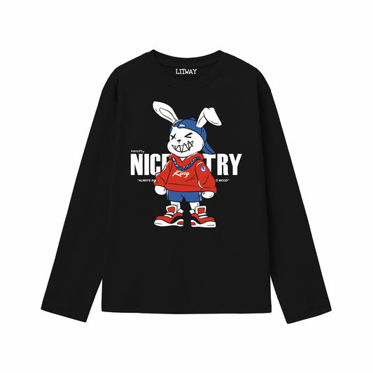 Boys Black Pure Cotton Full Sleeve Graphic T-Shirt | Cool Bunny Street Style Print | Soft Breathable Fabric | Trendy Casual Wear for Kids (5–16 Years)