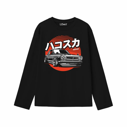 Boys Black Pure Cotton Full Sleeve Graphic T-Shirt | Japanese Car Print | Soft Breathable Fabric | Casual Wear for Kids (5–16 Years)