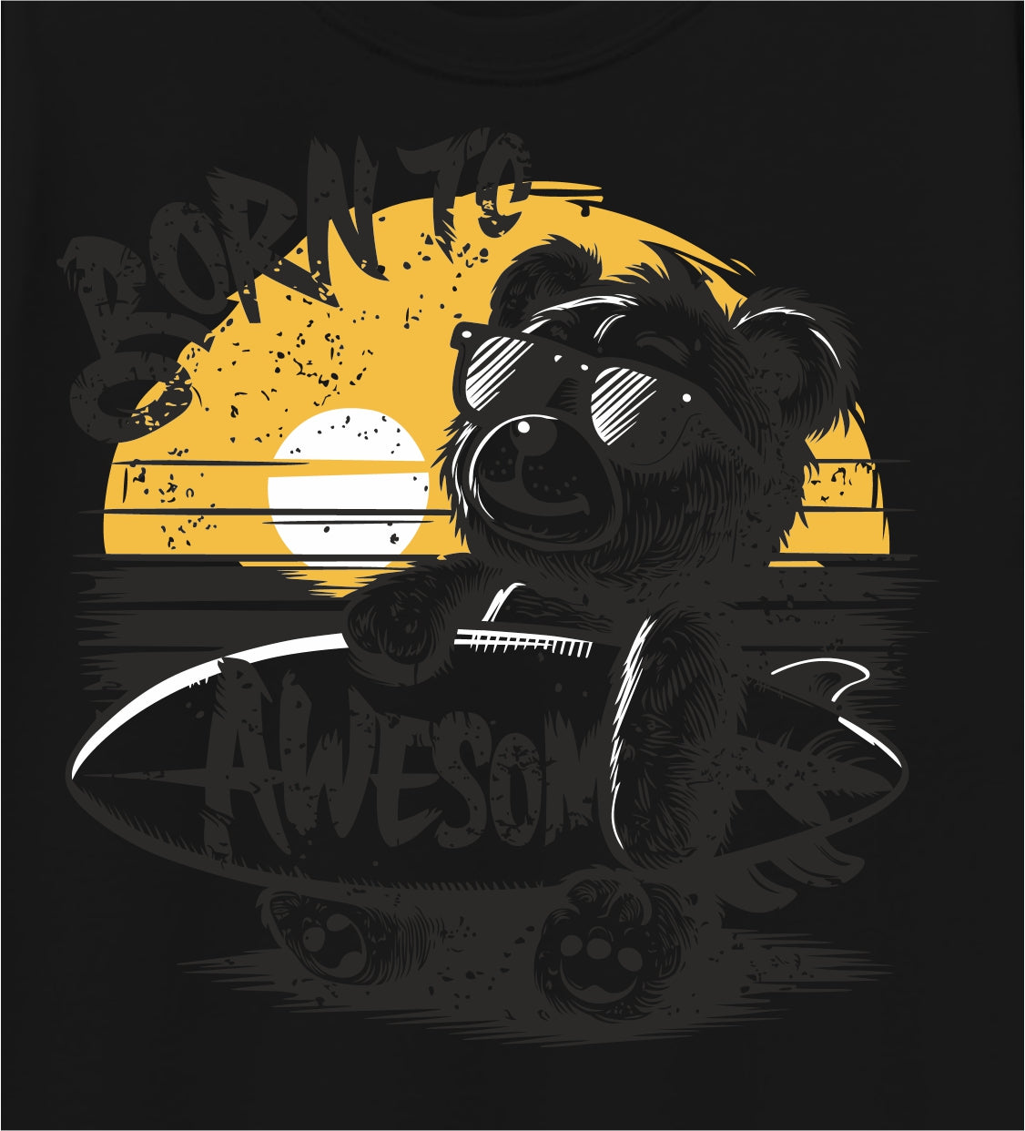 Boys Black Surfing Bear Graphic Printed T-Shirt | Pure Cotton Half Sleeve Casual Tee for Kids & Teens (5–16 Years)