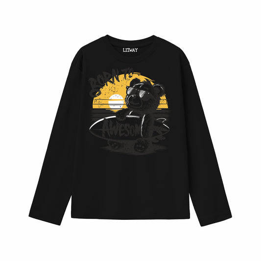 Boys Black Pure Cotton Full Sleeve Graphic T-Shirt | “Born to be Awesome” Surfing Bear Print Tee | Soft & Breathable Casual Wear (Ages 5–16 Years)