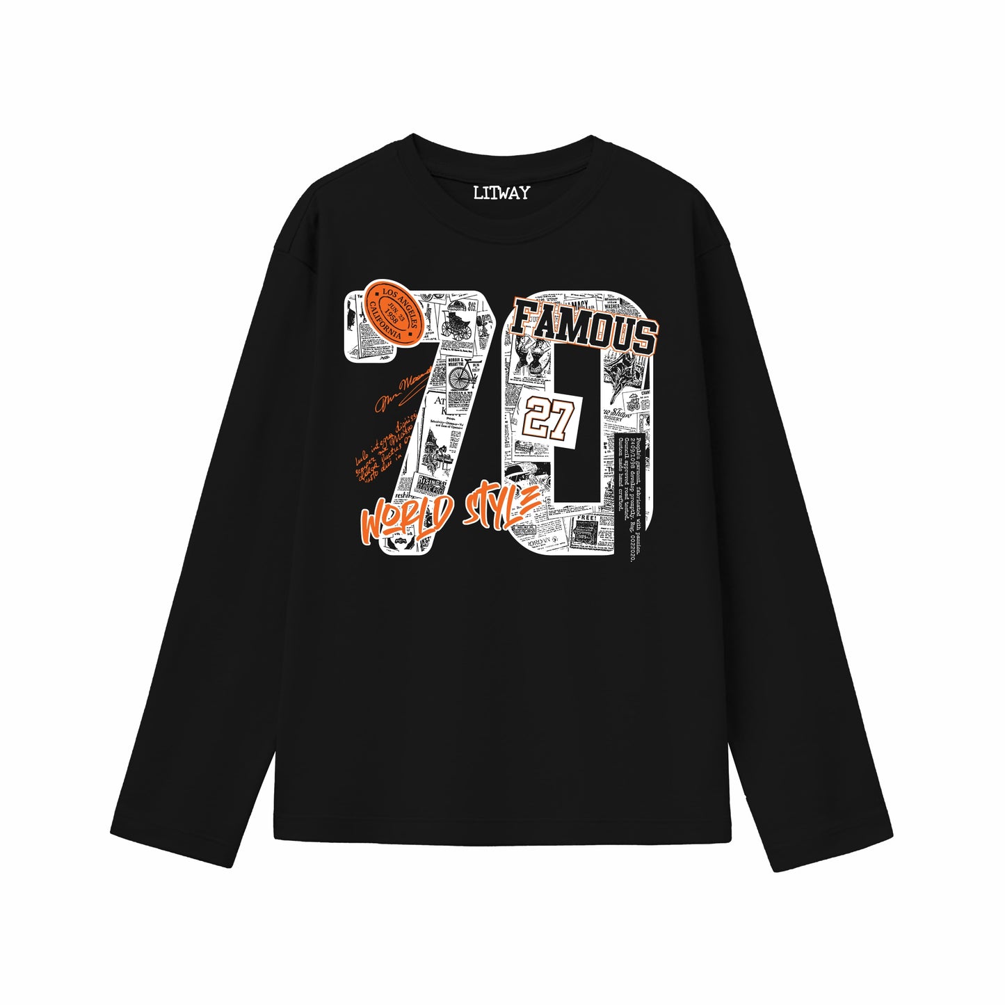 Boys Pure Cotton Full Sleeve T-Shirt & Grey Jogger Pant Set – Black “70 Famous” Graphic Print Co-ord Outfit for Kids (5–16 Years)