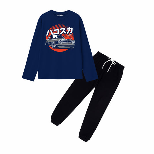 Boys Navy Blue Regular Fit Cotton Printed Full Sleeve T-Shirt and Black Pant Combo