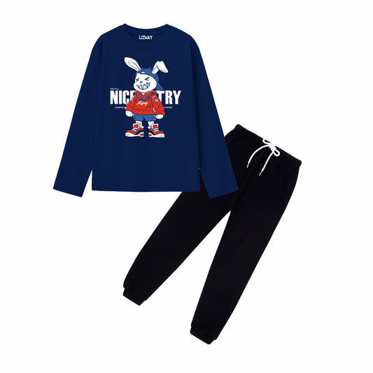Boys Navy Blue Regular Fit Cotton Printed Full Sleeve T-Shirt and Black Pant Combo
