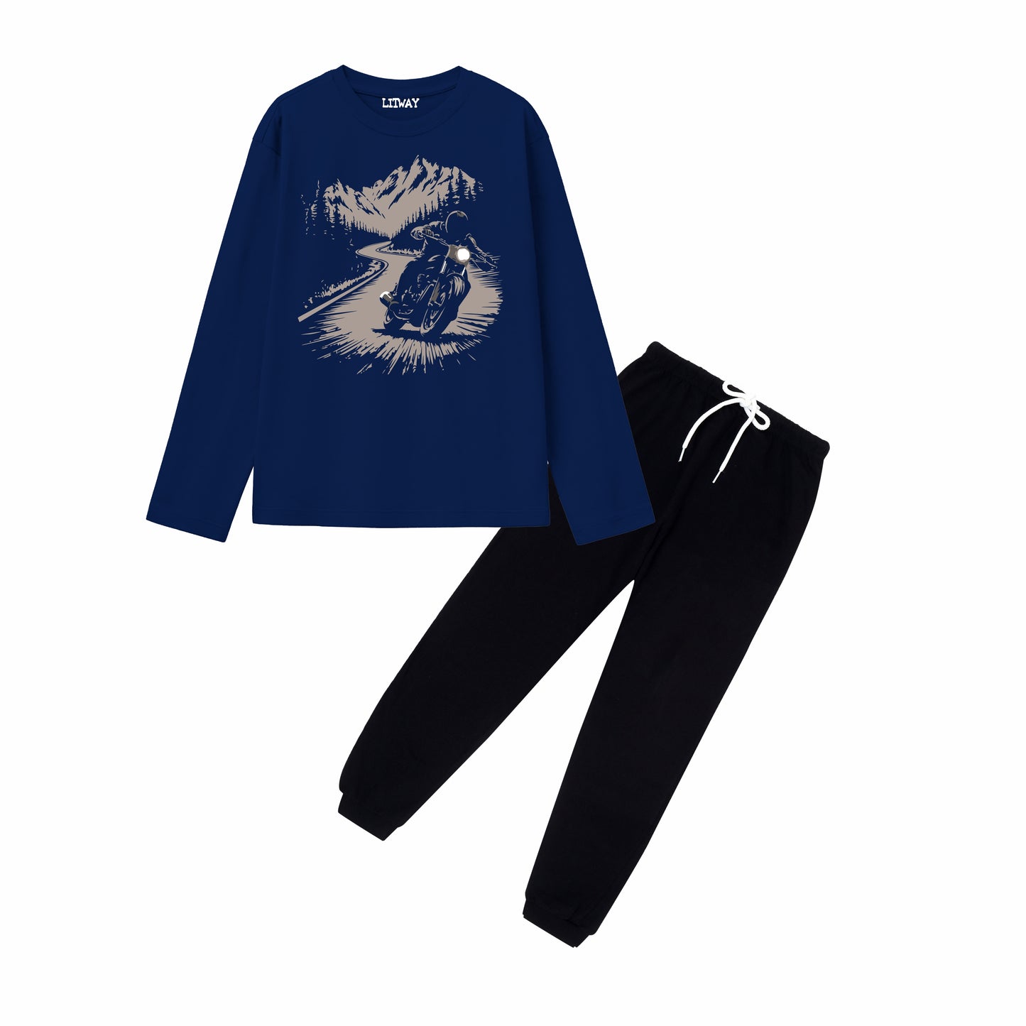 Boys Navy Blue Regular Fit Cotton Printed Full Sleeve T-Shirt and Black Pant Combo