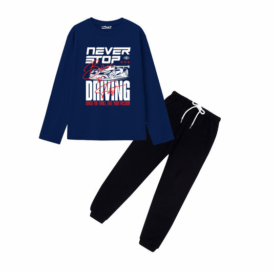 Boys Navy Blue Regular Fit Cotton Printed Full Sleeve T-Shirt and Black Pant Combo