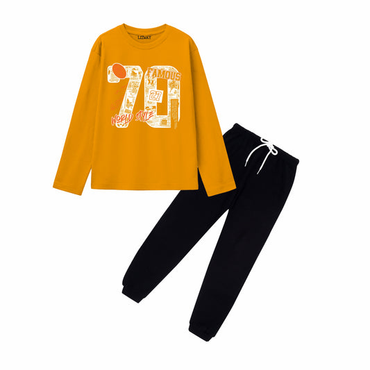 Boys Mustard Yellow & Black Regular Fit Cotton Full Sleeve T-Shirt and Track Pant Combo