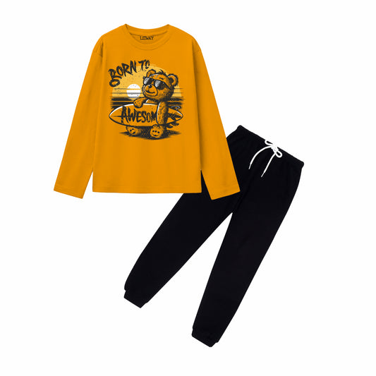 Boys Mustard Yellow & Black Regular Fit Cotton Full Sleeve T-Shirt and Track Pant Combo