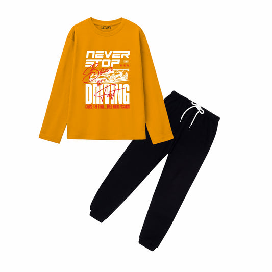 Boys Mustard Yellow & Black Regular Fit Cotton Full Sleeve T-Shirt and Track Pant Combo