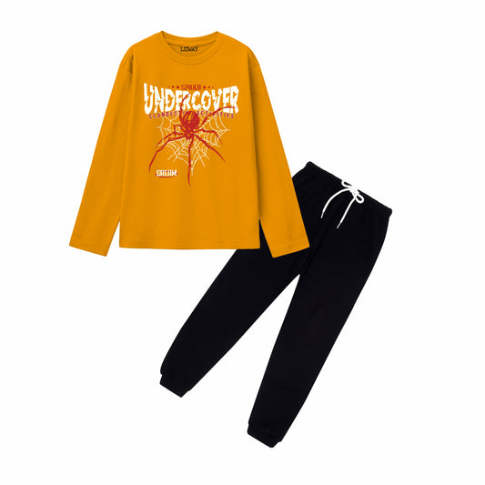 Boys Mustard Yellow & Black Regular Fit Cotton Printed T-Shirt and Track Pant Combo
