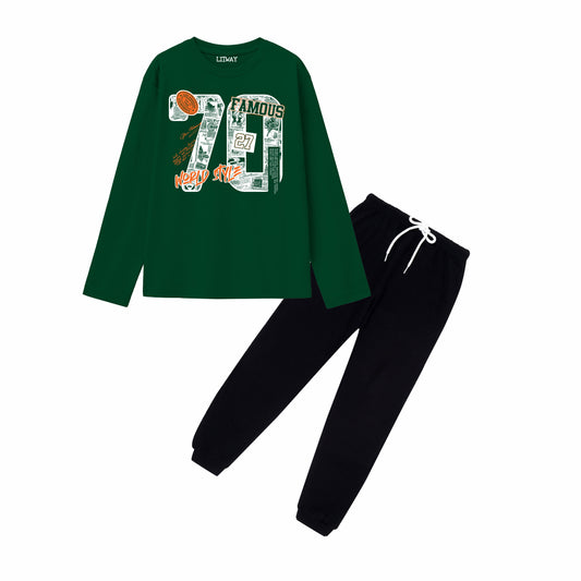 Boys Green Regular Fit Cotton Printed Full Sleeve T-Shirt & Black Pant Combo