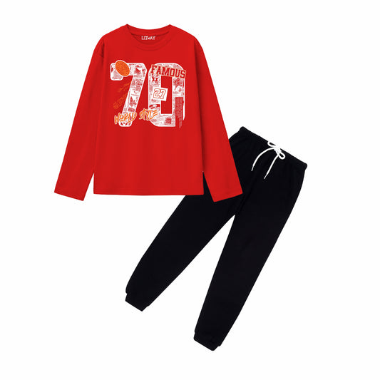 Boys Red & Black Regular Fit Cotton Printed T-Shirt and Track Pant Combo