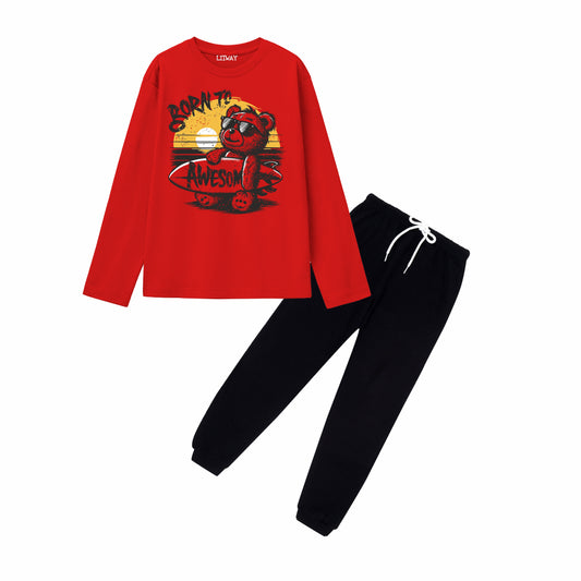 Boys Red & Black Regular Fit Cotton Printed T-Shirt and Track Pant Combo