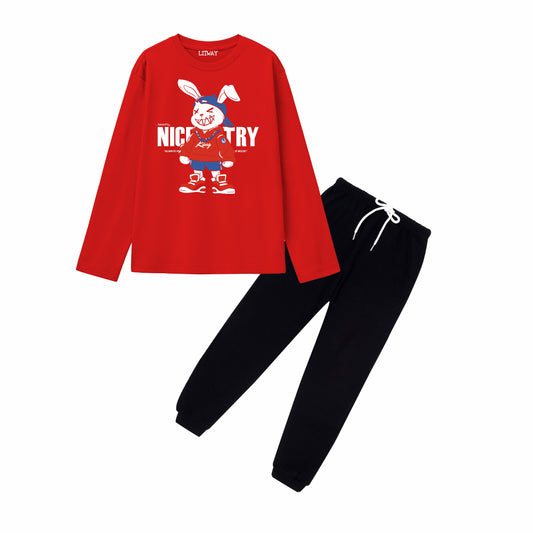 Boys Red & Black Regular Fit Cotton Printed T-Shirt and Track Pant Combo