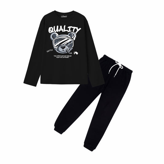 Boys Black Regular Fit Cotton Printed Full Sleeve T-Shirt & Black Pant Combo
