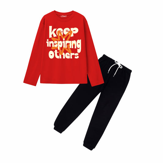 Boys Red Regular Fit Cotton Printed Full Sleeve T-Shirt and Black Pant Combo