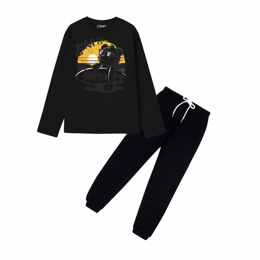 Boys Black Regular Fit Cotton Printed Full Sleeve T-Shirt & Black Pant Combo