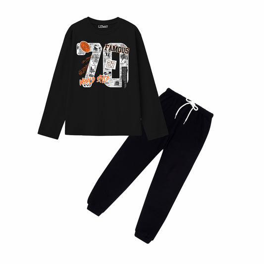 Boys Black Regular Fit Cotton Printed Full Sleeve T-Shirt & Black Pant Combo