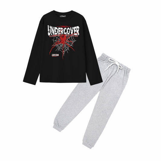 Boys Pure Cotton Full Sleeve T-Shirt & Grey Jogger Pant Set – Black “Undercover Spider” Graphic Co-ord Outfit for Kids (5–16 Years)