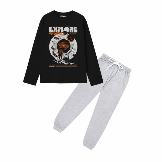 Boys Pure Cotton Full Sleeve T-Shirt & Grey Jogger Pant Set – Black “Explore Space” Astronaut Graphic Co-ord Outfit for Kids (5–16 Years)