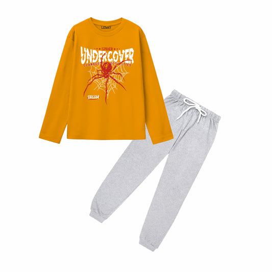 Boys Mustard Yellow Regular Fit Cotton Printed Full Sleeve T-Shirt with Grey Jogger Pants Combo (9–16 Years)