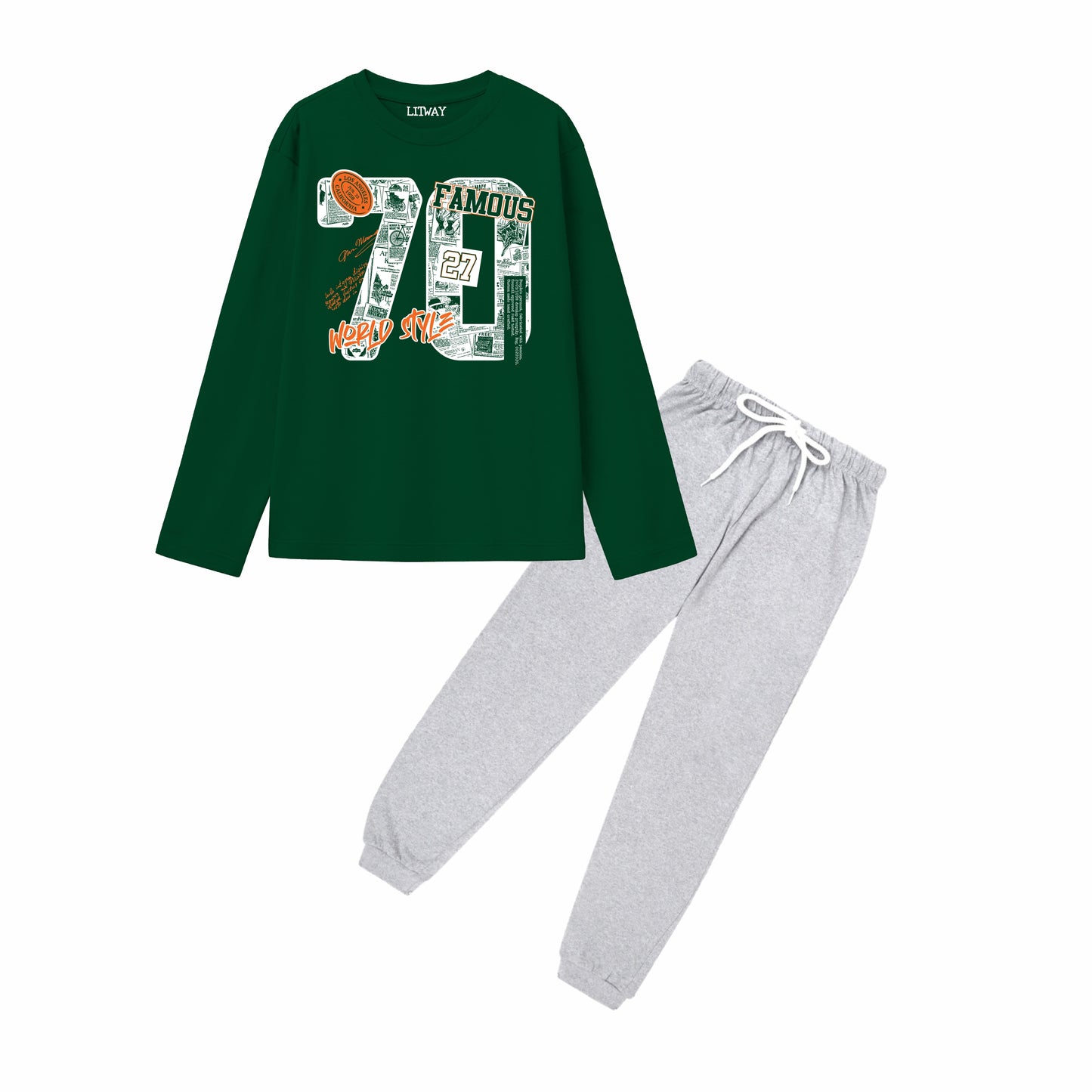 Boys Pure Cotton Full Sleeve T-Shirt & Grey Jogger Pant Set – Dark Green “70 Famous” Graphic Co-ord Set for Kids (5–16 Years)