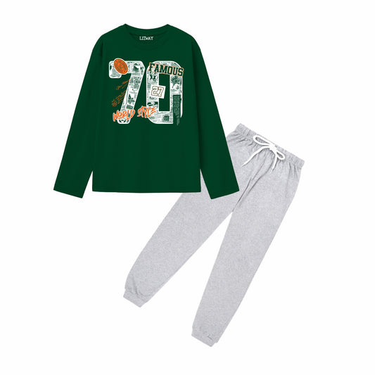 Boys Pure Cotton Full Sleeve T-Shirt & Grey Jogger Pant Set – Dark Green “70 Famous” Graphic Co-ord Set for Kids (5–16 Years)