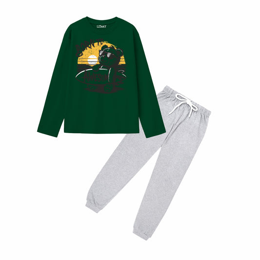 Boys Pure Cotton Full Sleeve T-Shirt & Grey Jogger Pant Set – Dark Green Bear Print Co-ord Set for Kids (Age 5–16 Years)