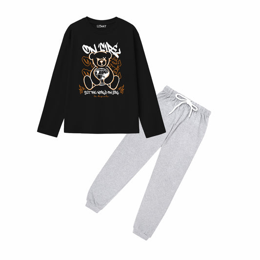Boys Pure Cotton Full Sleeve T-Shirt & Grey Jogger Pant Set – Black “On Mars Teddy” Graphic Co-ord Outfit for Kids (5–16 Years)