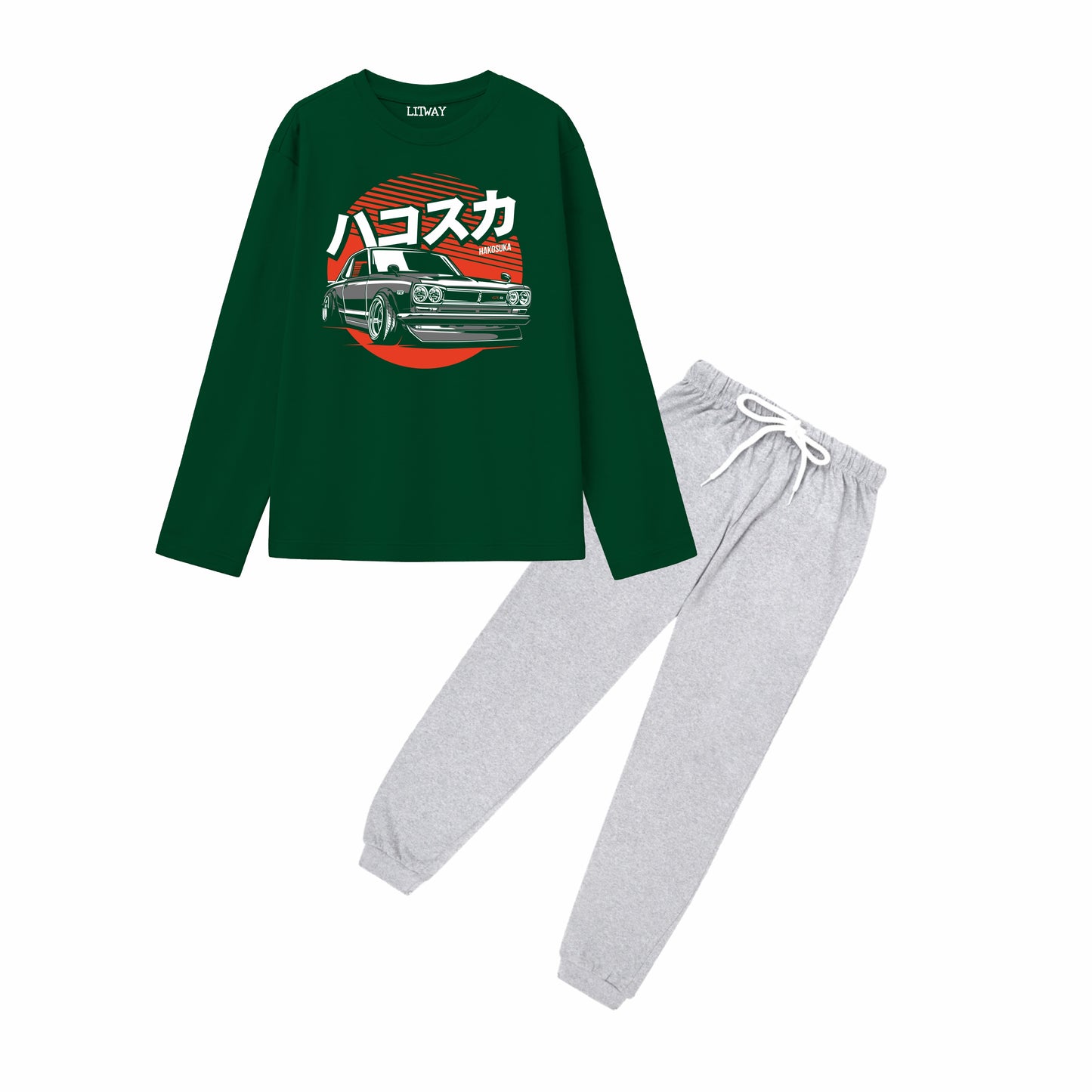 Boys Pure Cotton Dark Green Full Sleeve T-Shirt with Grey Jogger Pant Set – Japanese Car Graphic Print – Kids Casual Wear (Ages 5–16 Years)
