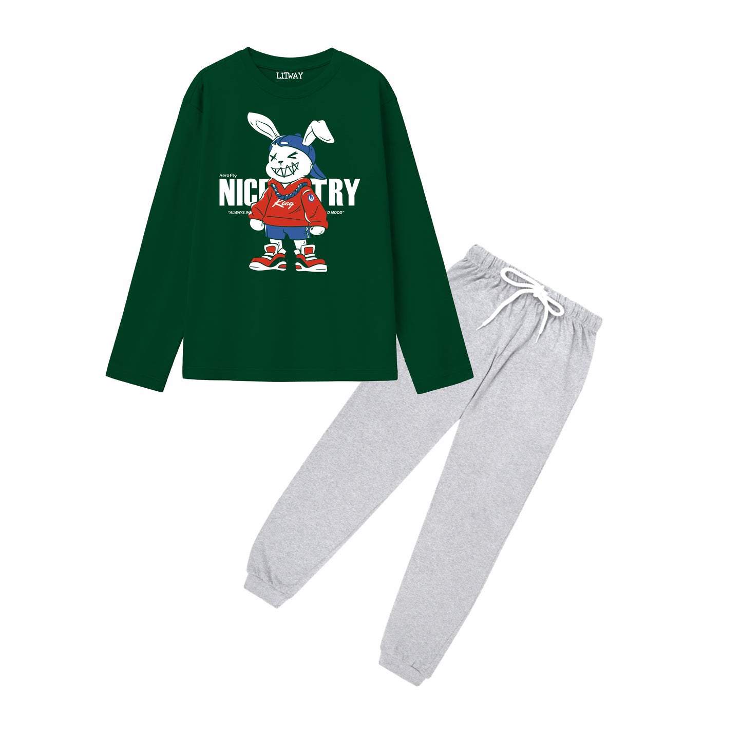 Boys Pure Cotton Dark Green Full Sleeve T-Shirt with Grey Jogger Pant Set – Cute Cartoon Bunny Graphic Print – Kids Casual Wear (Ages 5–16 Years)