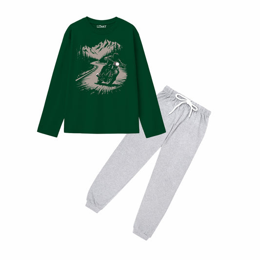 Boys Pure Cotton Dark Green Full Sleeve T-Shirt with Grey Jogger Pant Set – Motorcycle Adventure Graphic Print – Kids Casual Wear (Ages 5–16 Years)