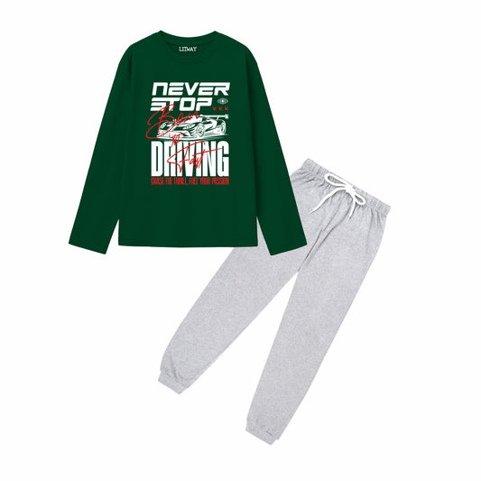 Boys Pure Cotton Green Full Sleeve T-Shirt with Grey Jogger Pant Set – Never Stop Driving Graphic Print – Kids Casual Wear (Ages 5–16 Years)