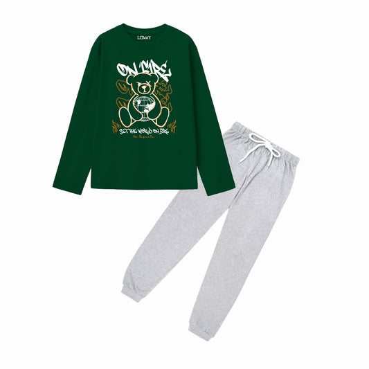 Boys Pure Cotton Full Sleeve T-Shirt & Grey Jogger Pant Set – Green “Own Your Story” Teddy Graphic Print – Kids Casual Co-Ord Set (Ages 5–16 Years)
