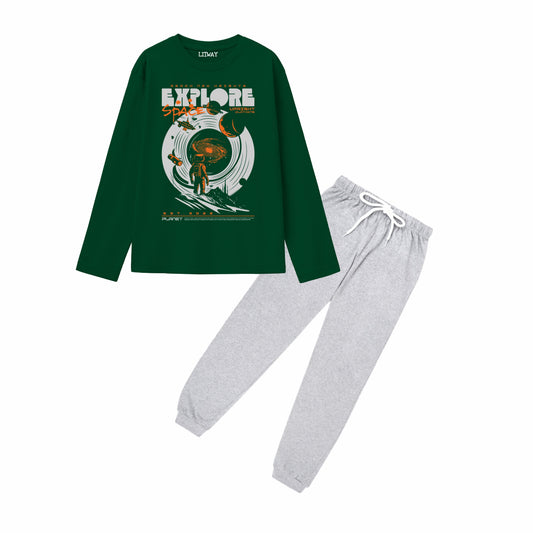 Boys Pure Cotton Full Sleeve T-Shirt & Grey Jogger Pant Set – Green “Explore Space” Astronaut Graphic Print – Kids Casual Co-Ord Set (Ages 5–16 Years)