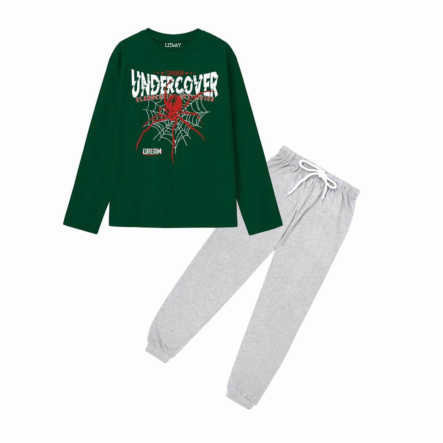 Boys Pure Cotton Full Sleeve T-Shirt & Grey Jogger Pant Set – Green “Undercover Spider” Graphic Print – Kids Casual Wear Set (Ages 5–16 Years)