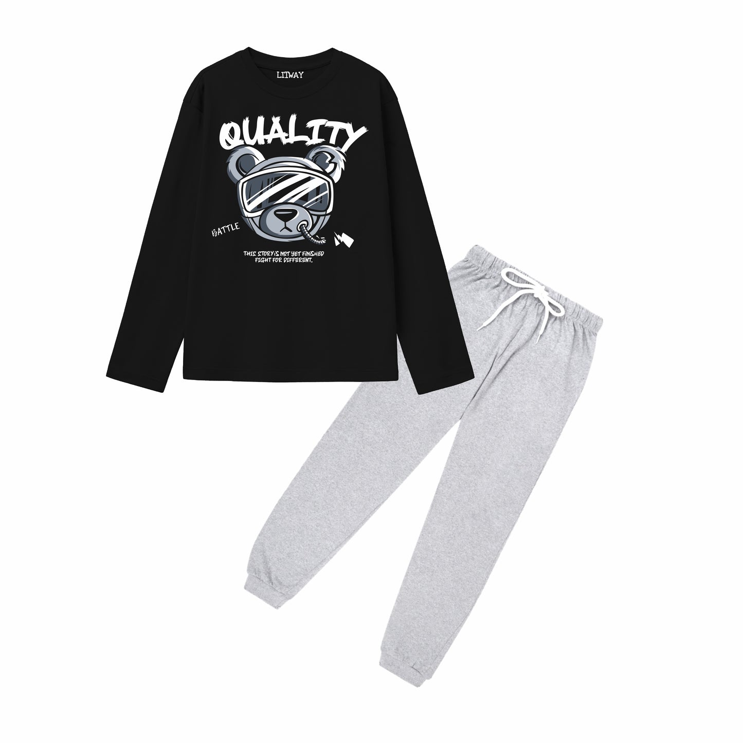 Boys Pure Cotton Full Sleeve T-Shirt & Grey Jogger Pant Set – Black “Quality Bear” Graphic Co-ord Outfit for Kids (5–16 Years)
