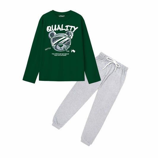Boys Pure Cotton Full Sleeve T-Shirt & Grey Jogger Pant Set – Green Quality Bear Graphic Print – Kids Casual Wear (Ages 5–16 Years)