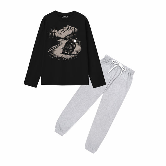 Boys Pure Cotton Full Sleeve T-Shirt & Grey Jogger Pant Set – Black Bike Rider Mountain Graphic Co-ord Outfit for Kids (5–16 Years)